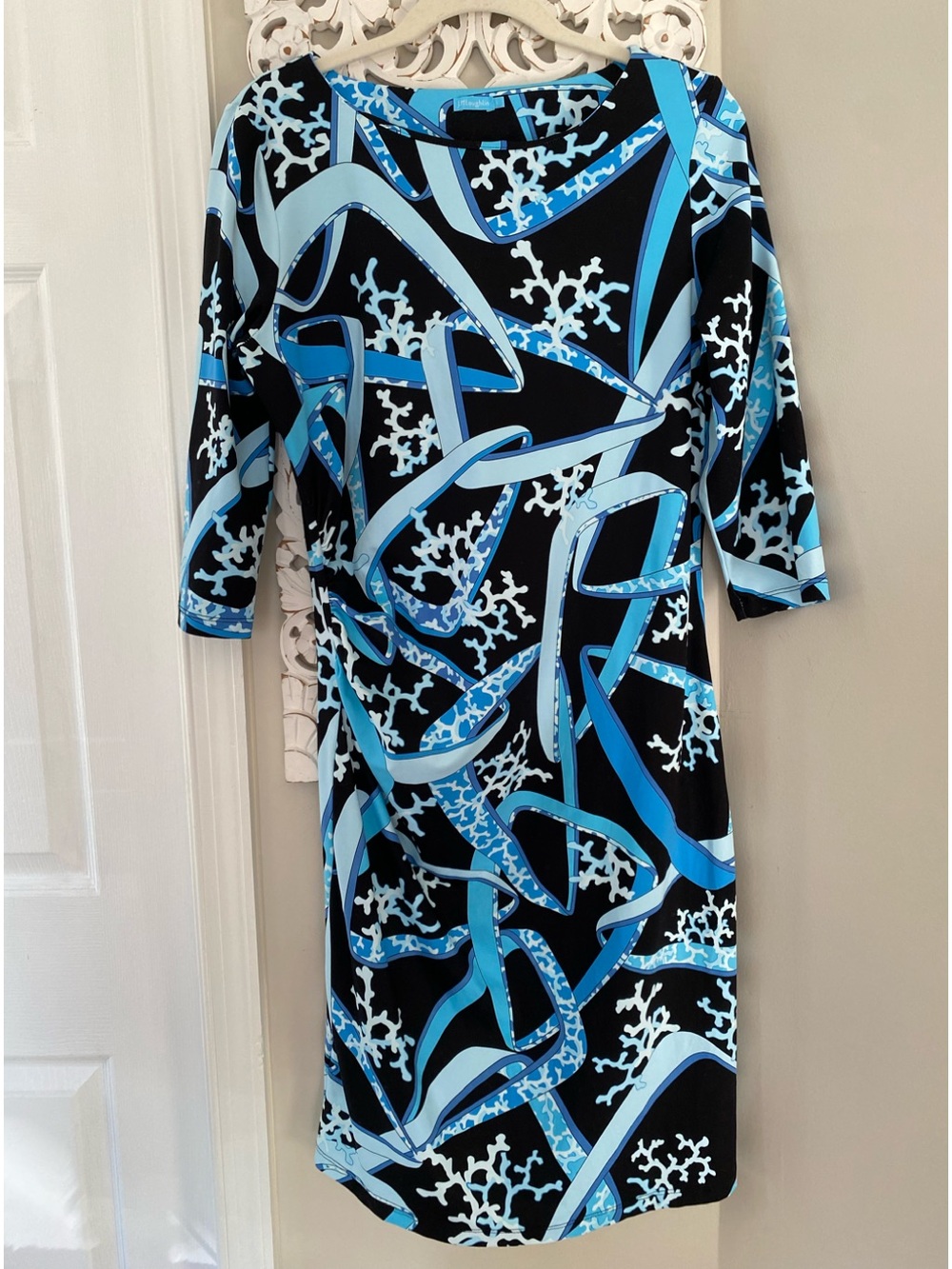 J McLaughlin Catalina Cloth Sage Oceanic Coral Abstract Sheath Dress Sz L Resort